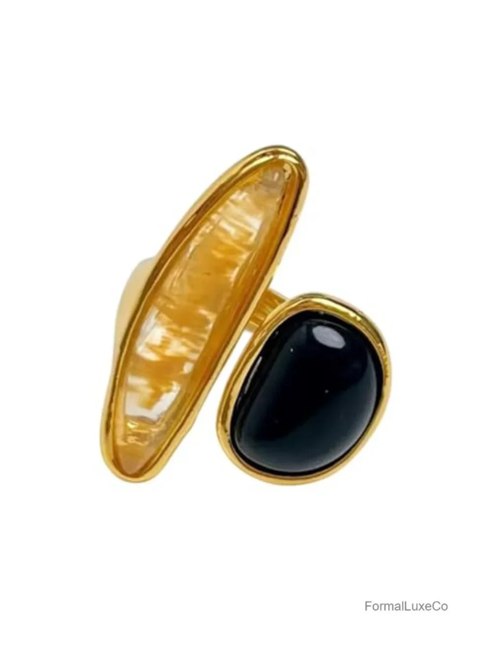 Black Agate Adjustable Open Wrap Ring Gold-Tone Plated Stackable Statement